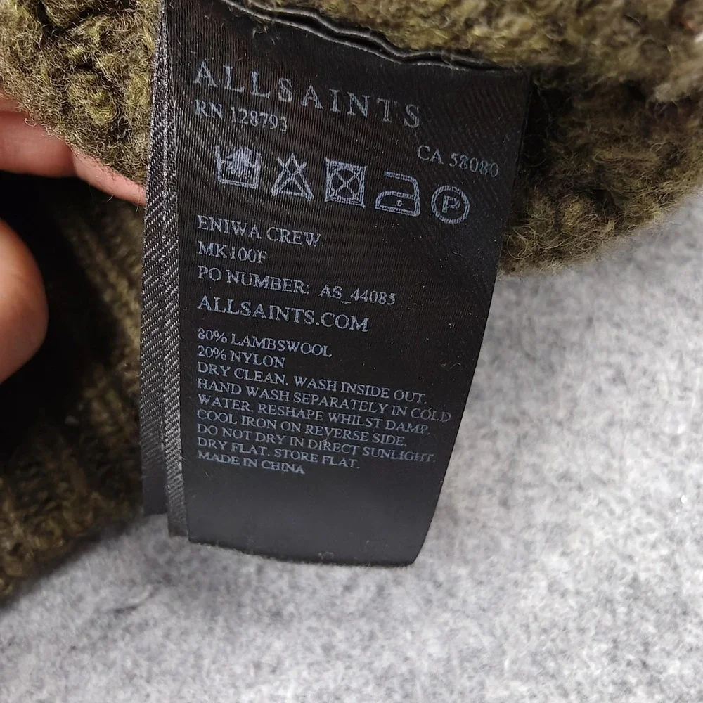 AllSaints Sweater Mens Medium Green‎ Lambswool Waffle Knit Crewneck Pullover
